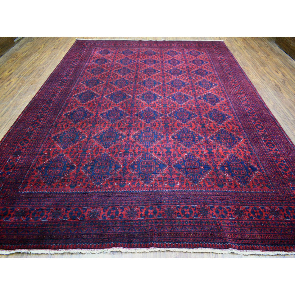 Deep and Saturated Red, Hand Knotted Afghan Khamyab Pure Wool Rug, 9'7"x12'9"