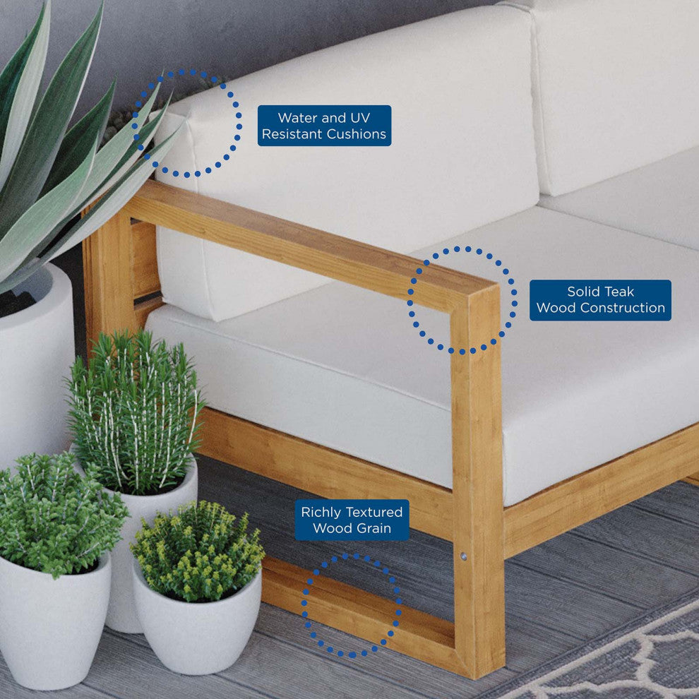 Sectional Sofa Chair Table Set, White Natural, Teak Wood, Modern, Outdoor Patio