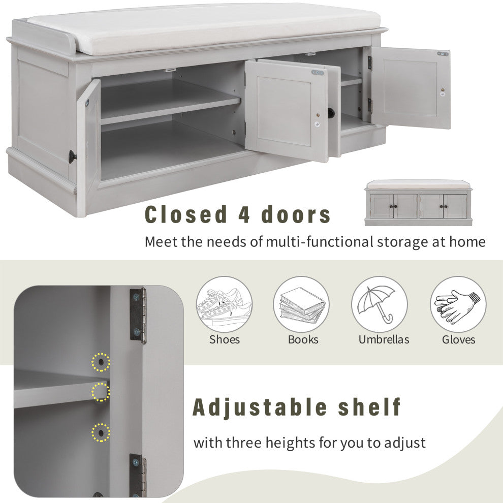 TATEUS 42" Wooden Storage Bench With 4 Doors and Adjustable Shelves for Entryway, Gray Wash