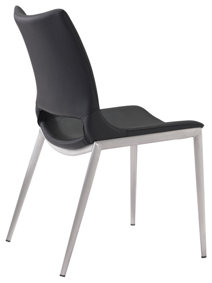 Dining Chair, Set of 2, Faux Vinyl Leather, Steel, Black, Silver, Cafe Bistro