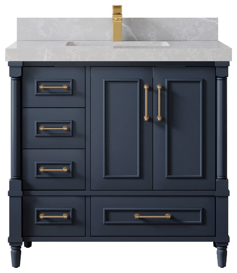 Aberdeen 36 Center Sink Bath Vanity in Hale Navy Blue  2" Pearl Gray