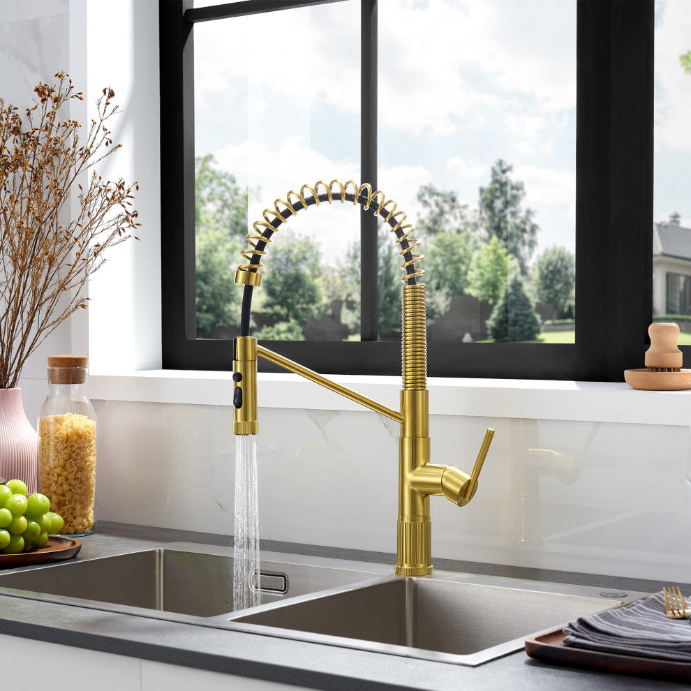 Nette Single-Handle Kitchen Faucet With Pull Down Sprayer, Brushed Gold