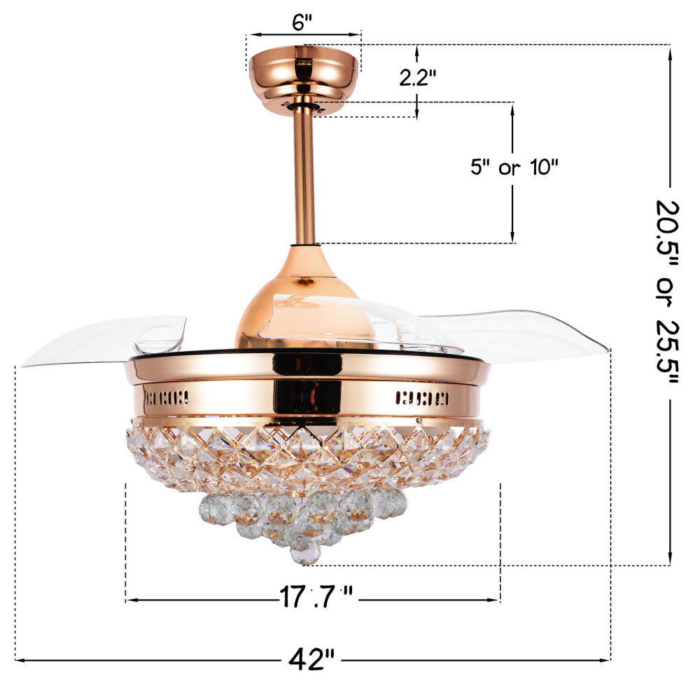 42" LED Retractable Ceiling Fan With Light Kit and Remote Control Included, Gold