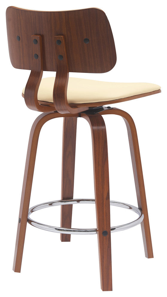 Pico Swivel Walnut Wood Stool, Cream Faux Leather With Chrome, 26"
