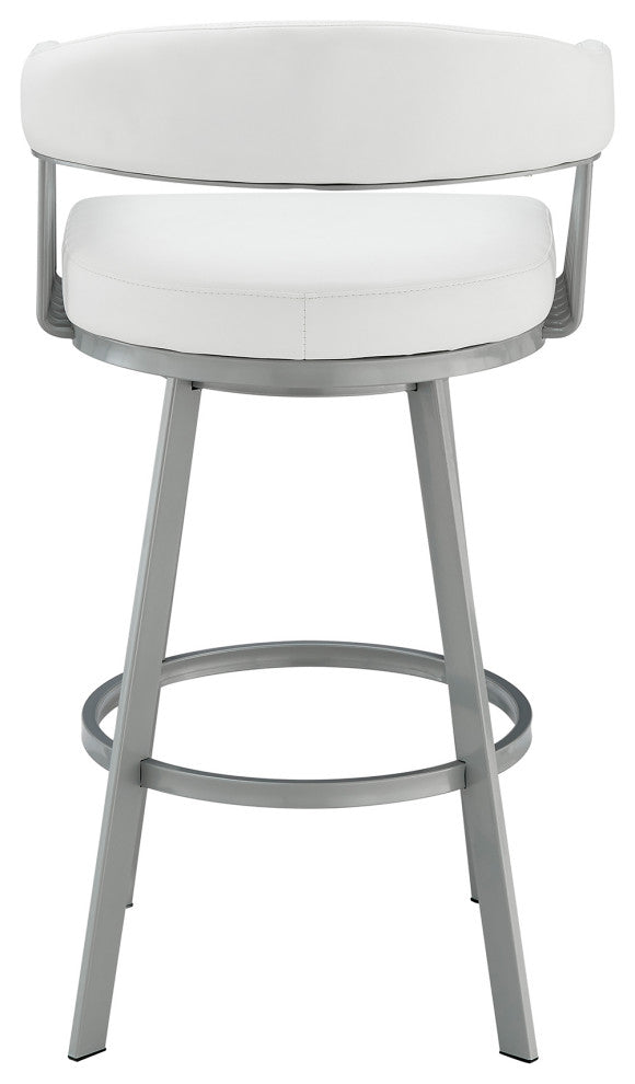 Chelsea 26" Swivel Bar Stool in Silver Finish and White Faux Leather