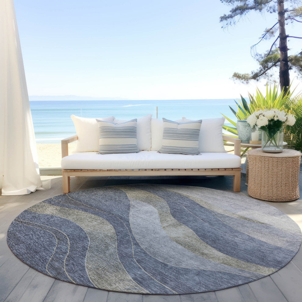 Machine Washable Indoor/Outdoor Chantille ACN1892 Denim 8' x 8' Round Rug