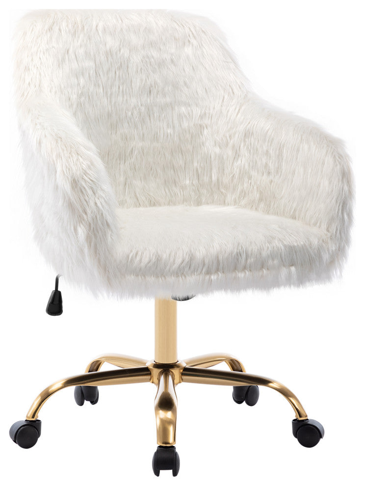 Fluffy Faux Fur Armrest Swivel Desk Chair, White