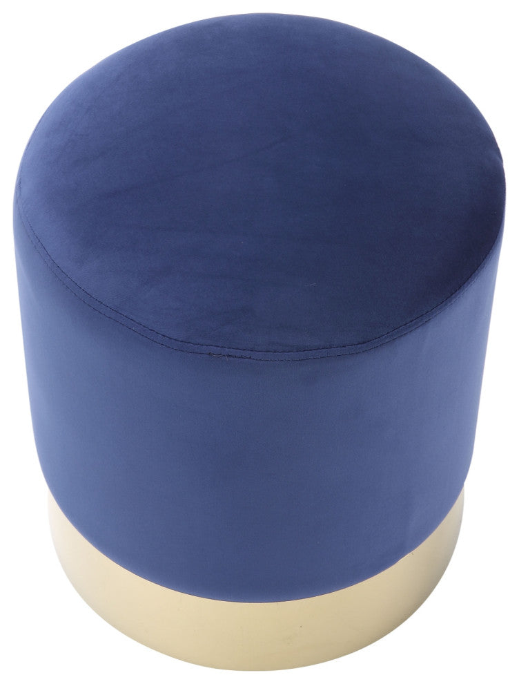 Madelyn Velvet Round Ottoman With Metal Base, Navy/Gold