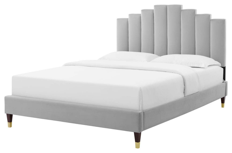Platform Bed Frame, King Size, Velvet, Light Gray, Modern Contemporary