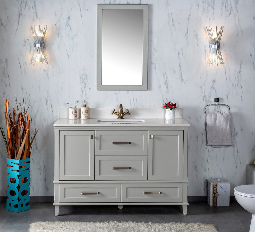 Nera Collection 48" Bath Vanity Quartz Top and Ceramic Sink, Grey, 48"