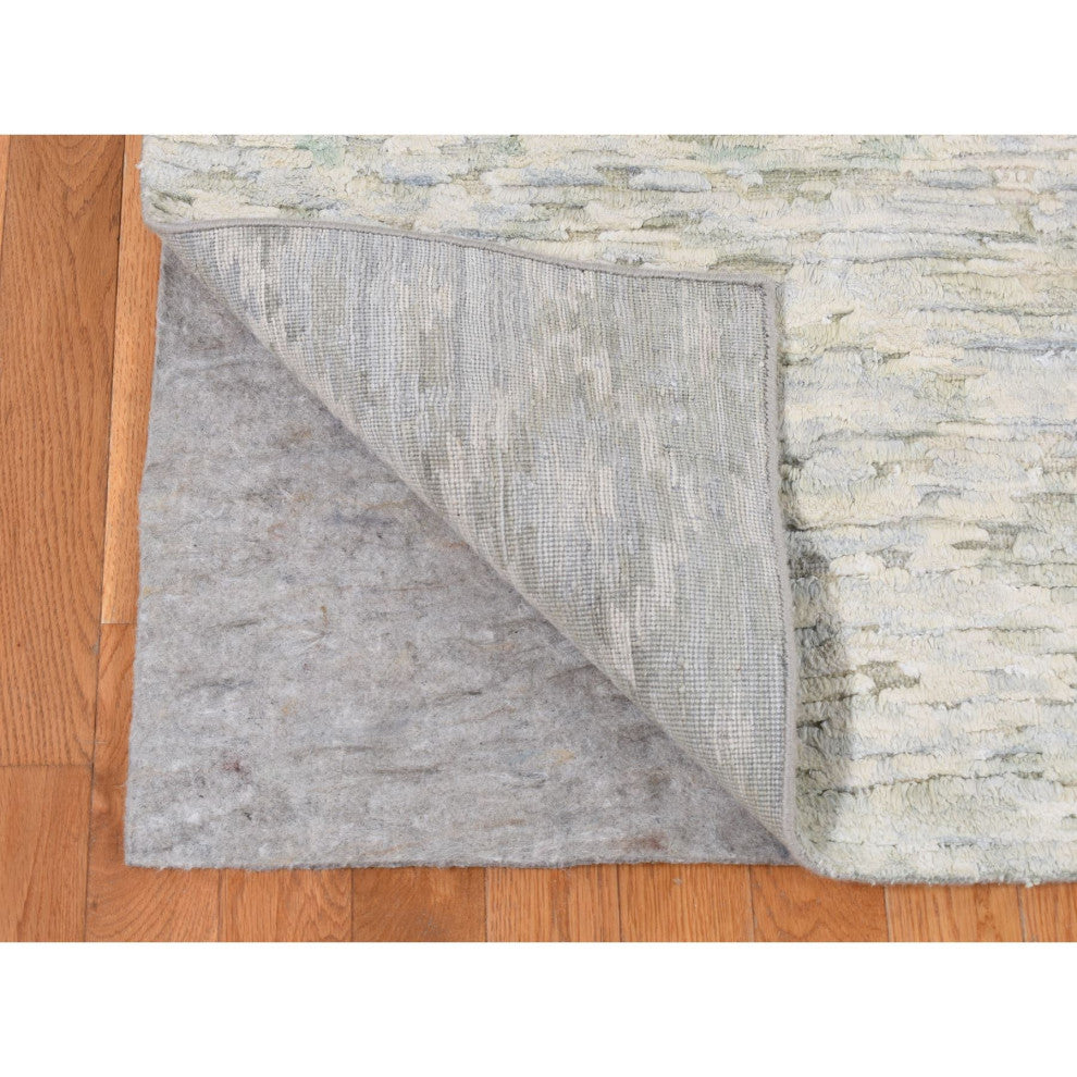 Ivory Pure Silk With Textured Wool Fluffy Collection Hand Knotted Rug 9'10"x14'