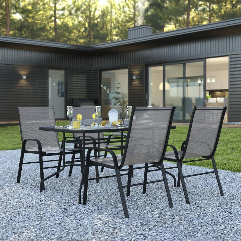 Brazos 5 Pc Outdoor Dining Set - 55" Tempered Glass Patio Table, 4 Stack Chairs,