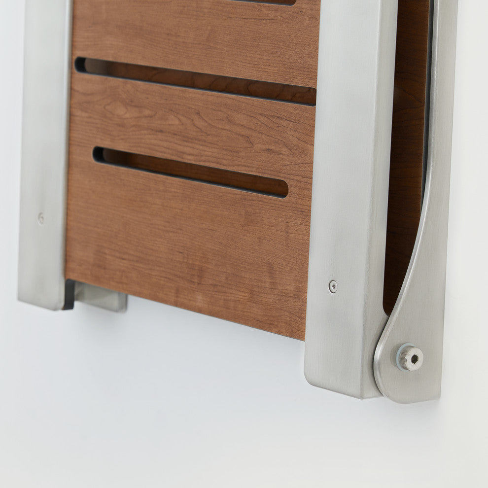 Silhouette Folding Wall Mount Shower Bench Seat, Rustic Teak, Silver Frame