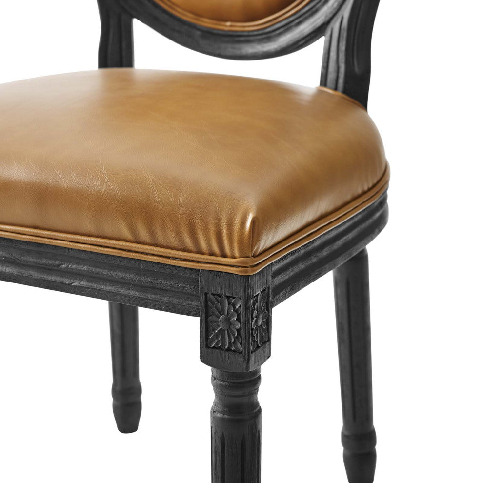 French Vintage Side Dining Chair, Faux Vegan Leather, Wood, Black Tan, Modern