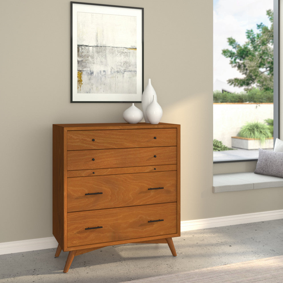 Flynn Mid Century Modern 4 Drawer Chest With Pull Out Tray, Acorn