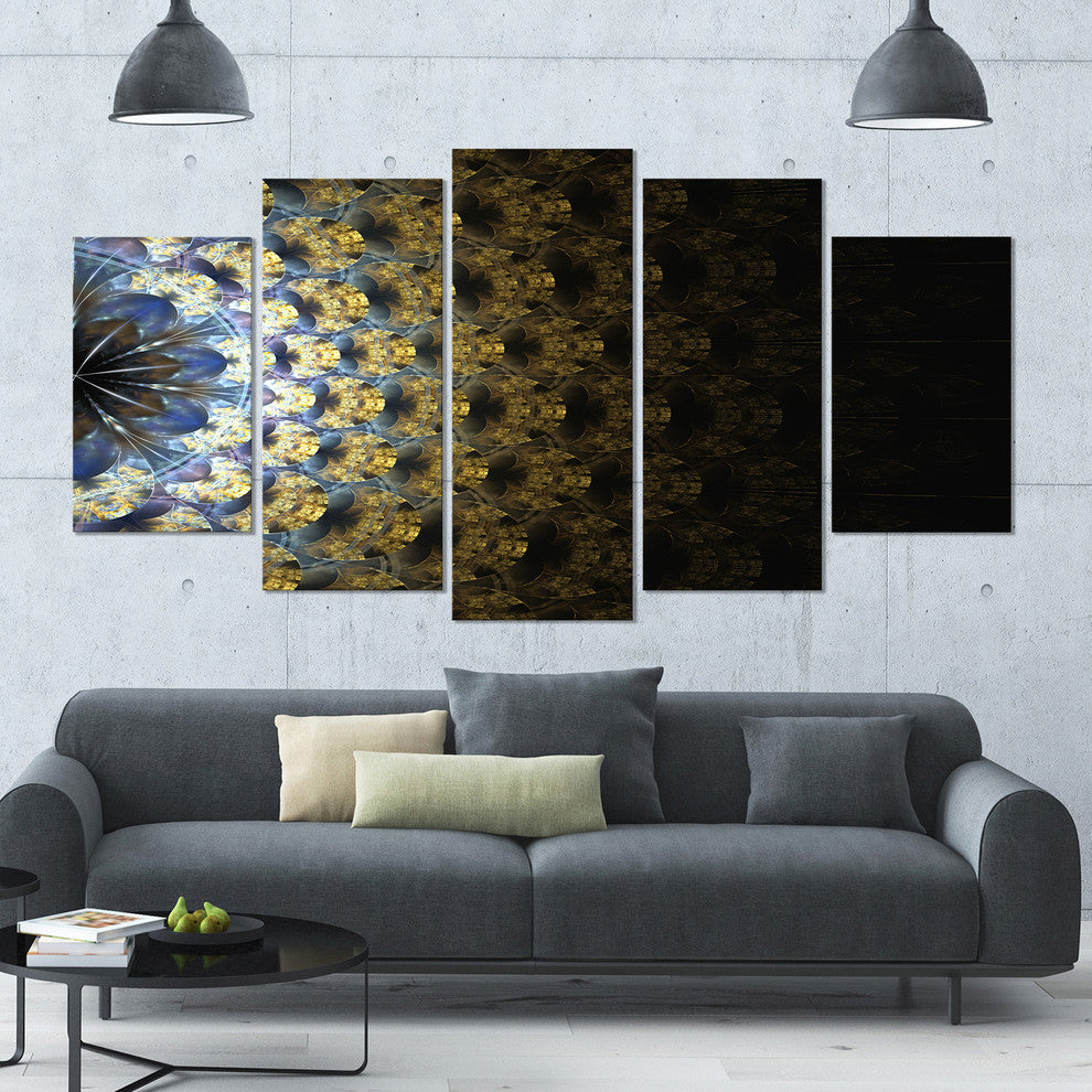 Symmetrical Gold Fractal Flower, Contemporary Wall Art Canvas, 60"x32", 5 Panels