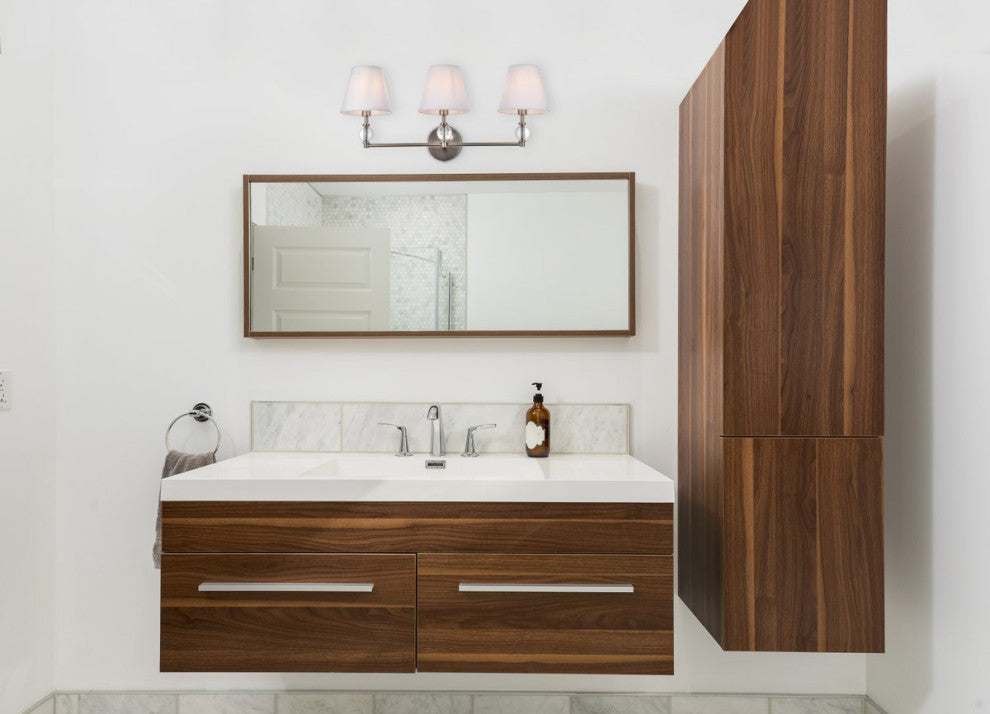 Beau 3-Light Bath Sconce, Satin Nickel With White Fabric Shade