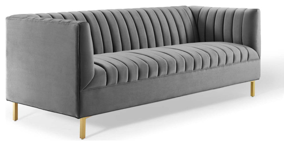 Shift Channel Tufted Performance Velvet Sofa - Gray