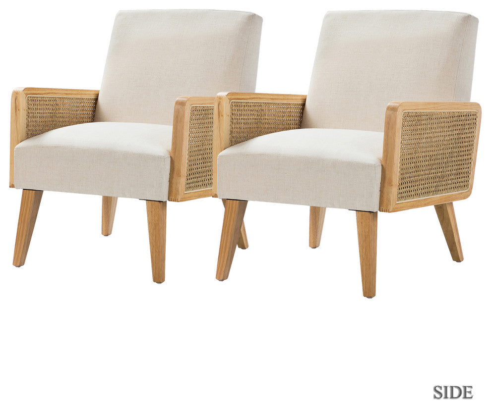 Cane Accent Chair With Rattan Arms Set of 2, Linen