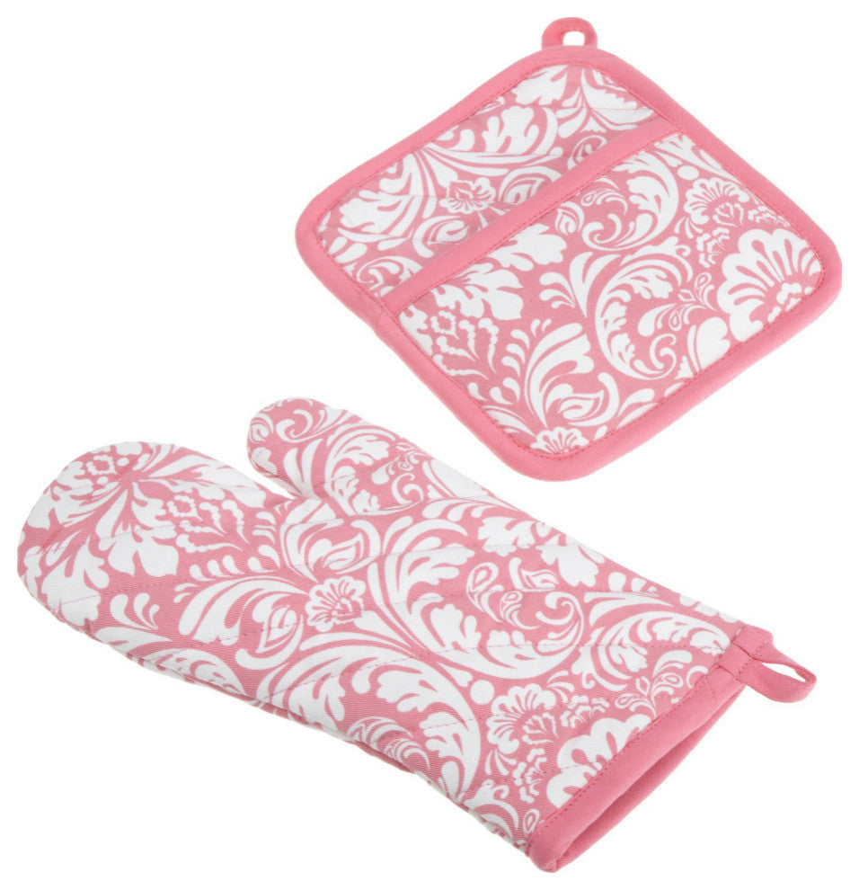 DII Pink Damask Oven Mitt & Potholder Set