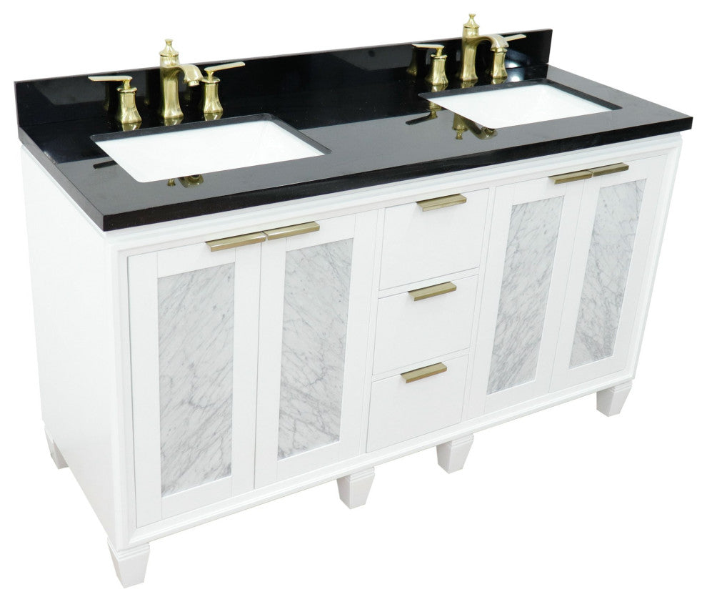 61" Double Sink Vanity, White Finish With Black Galaxy Granite