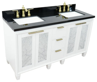 61" Double Sink Vanity, White Finish With Black Galaxy Granite