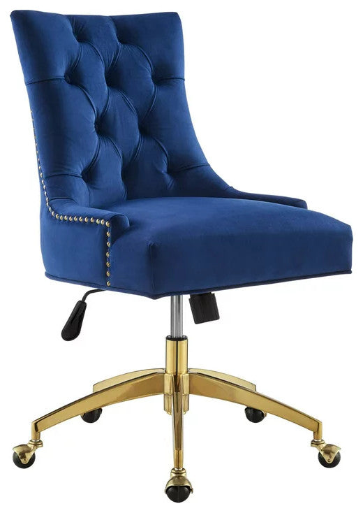 Vintage Office Chair, Golden Base With Velvet Seat & Hourglass Back, Navy
