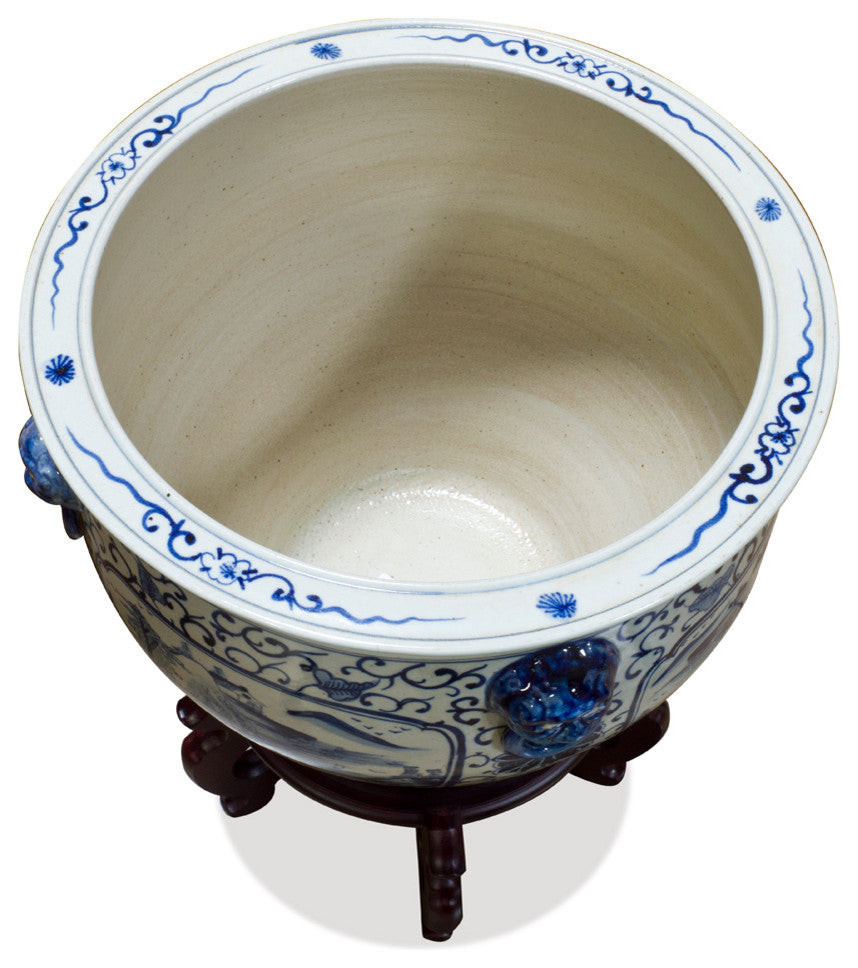 Blue and White Porcelain Fishbowl Planter, Chinese Scenery, Without Wooden Stand