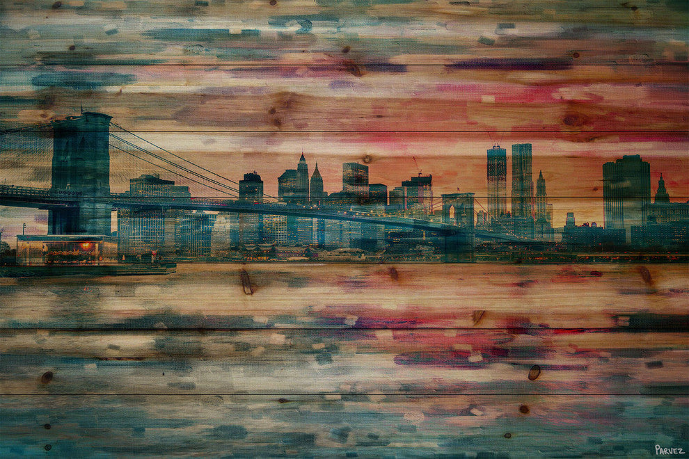 "Bridge at Dusk" Print on Natural Pine Wood, 45"x30"