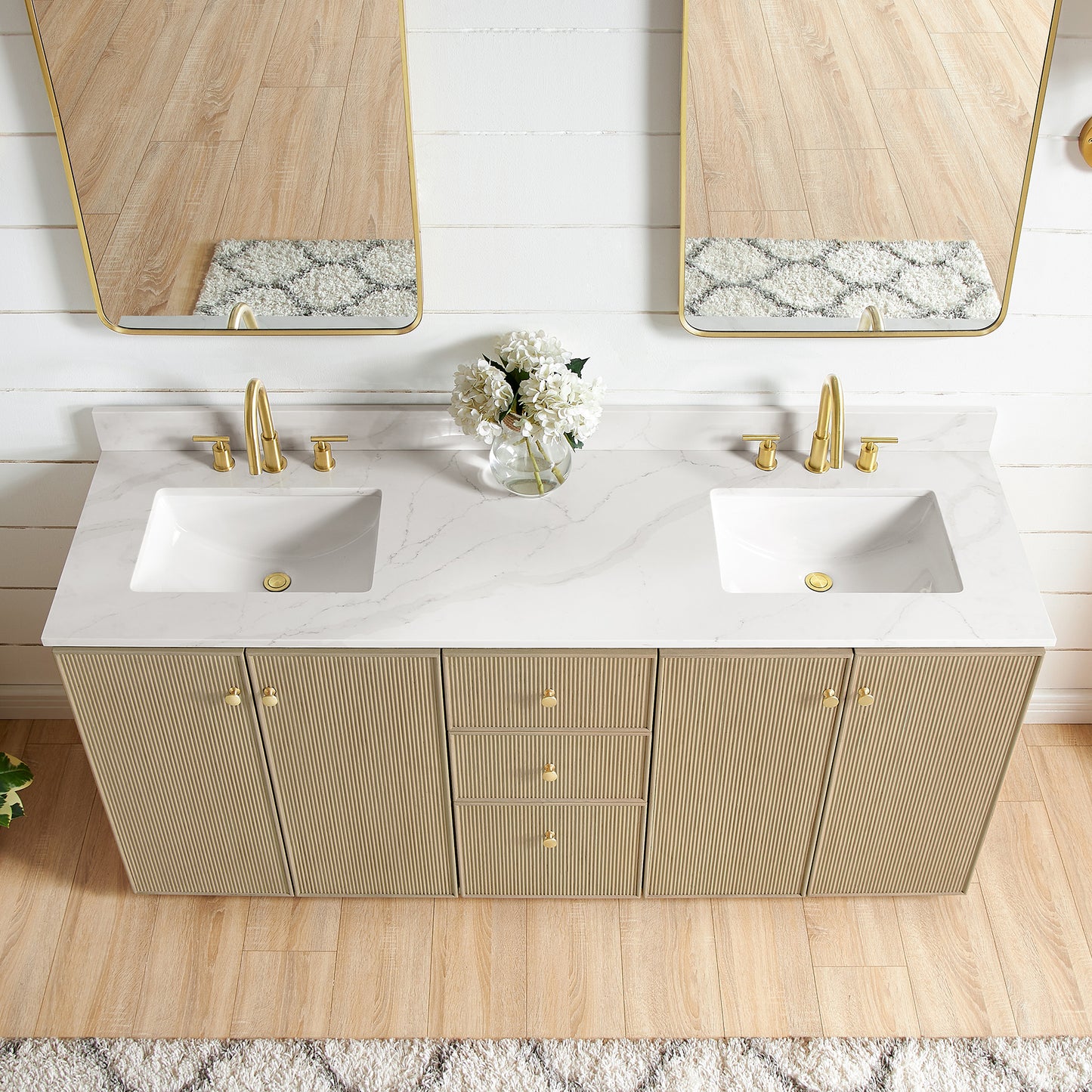 Oza Bath Vanity with Quartz Stone Top, Aged Natural Oak, 72", Double Vanity, No Mirror
