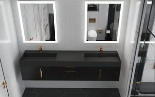 CastelloUSA Amazon 84" Wall Mounted Vanity Set, Black, Black Top, Gold Handles
