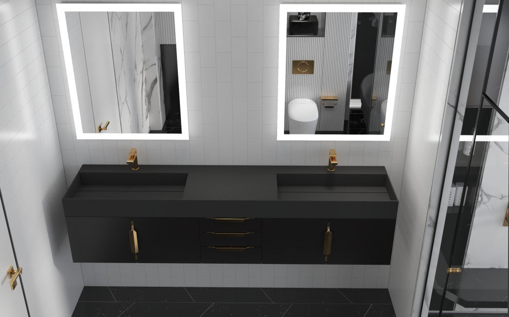 CastelloUSA Amazon 84" Wall Mounted Vanity Set, Black, Black Top, Gold Handles