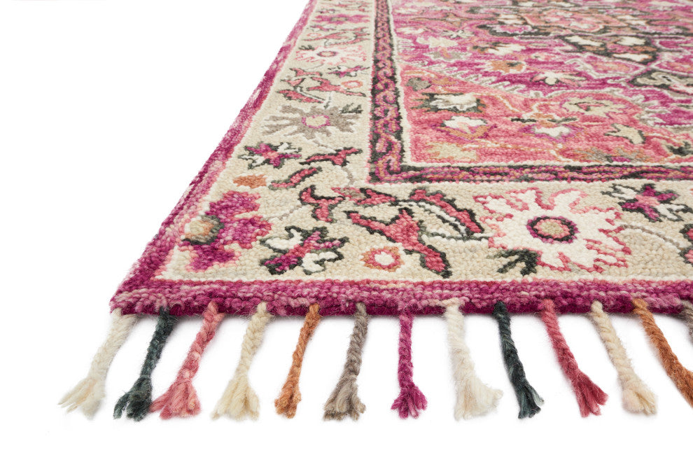 Wool Hand Hooked Colorful Tassels Zharah Area Rug, Raspberry / Taupe, 7'-9" X 9'