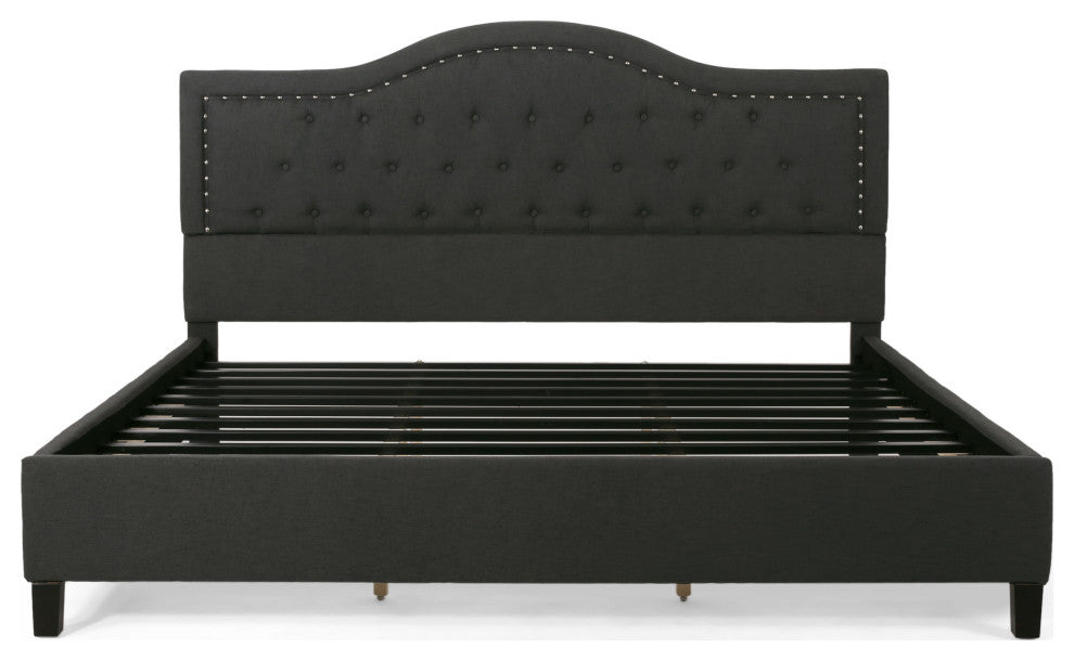 GDF Studio Margaret Fully-Upholstered Traditional King-Sized Bed Frame, Dark Gray/Dark Brown