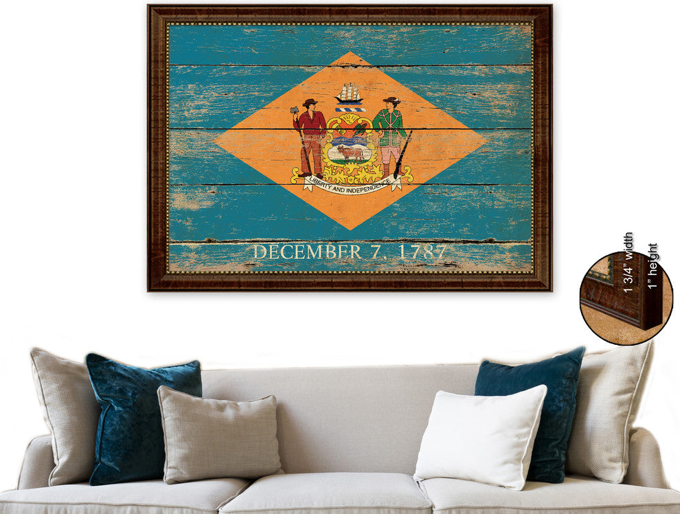 Delaware State Vintage Flag Print With Brown Gold Frame, 23"X33"