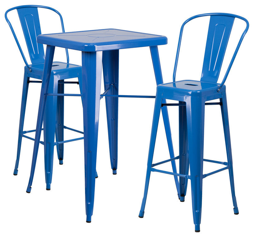23.75" Square Blue Metal Indoor-Outdoor Bar Table Set with 2 Stools with Backs