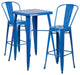 23.75" Square Blue Metal Indoor-Outdoor Bar Table Set with 2 Stools with Backs