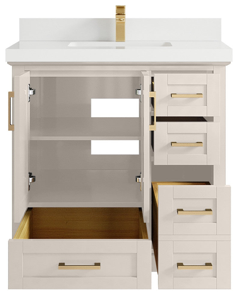 Boston 36" Center Sink Bath Vanity in Fine Grain 2" White Quartz