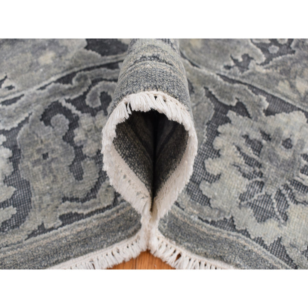 Medium Gray, Hand Knotted, Oushak Influence, Silk With Wool, Rug, 9'x11'10"
