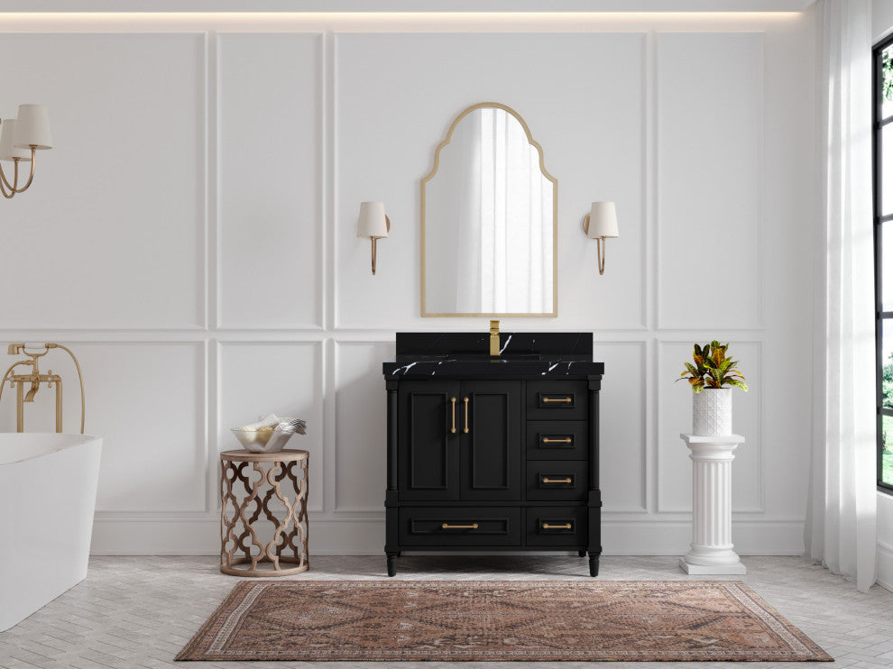 Aberdeen 36 Center Sink Bath Vanity In Black 2" Calacatta Black