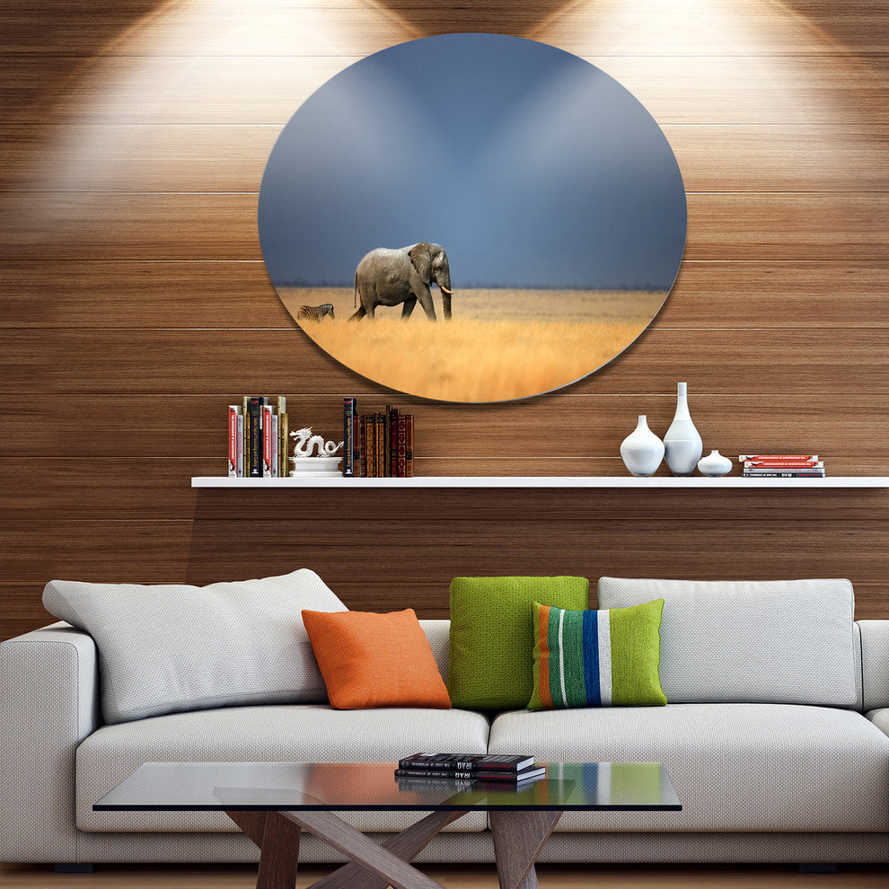 Elephant And Zebra Walking In Bush, African Disc Metal Artwork, 23"