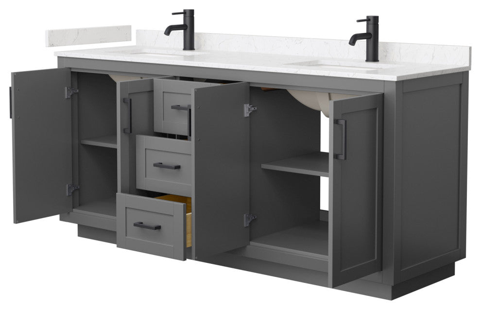 72"DBL Vanity Dark Gray, Light-Vein Carrara Cult. Marble Top, Sinks, Black Trim