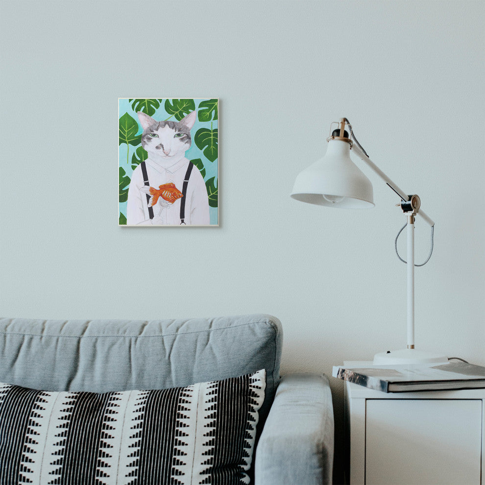 Cat Goldfish Dinner Funny Animal Portrait Painting, 10"x15"