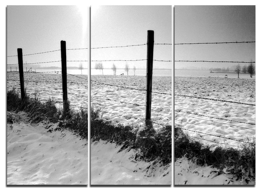 "Landscape in Snow With Fence" Oversized Beach Metal Wall Art, 3 Panels, 36"x28"