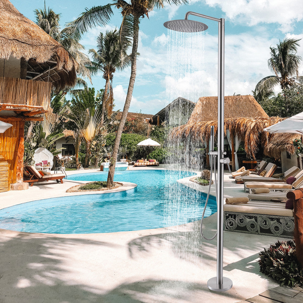 Free Standing Outdoor Shower with Handheld Shower, Brushed Nickel