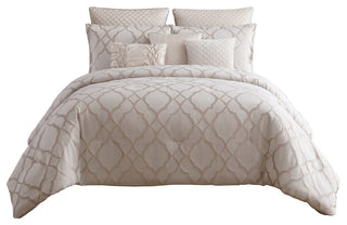 Benzara BM225202 9 Piece Queen Size Comforter Set with Quatrefoil Prints, White