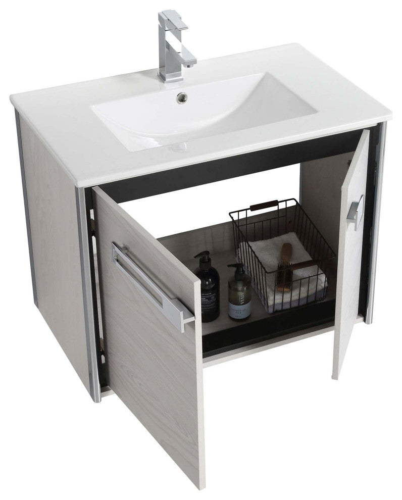 Oakville Wall Mount Bathroom Vanity, Mild Grey Oak, 30", Chrome Hardware