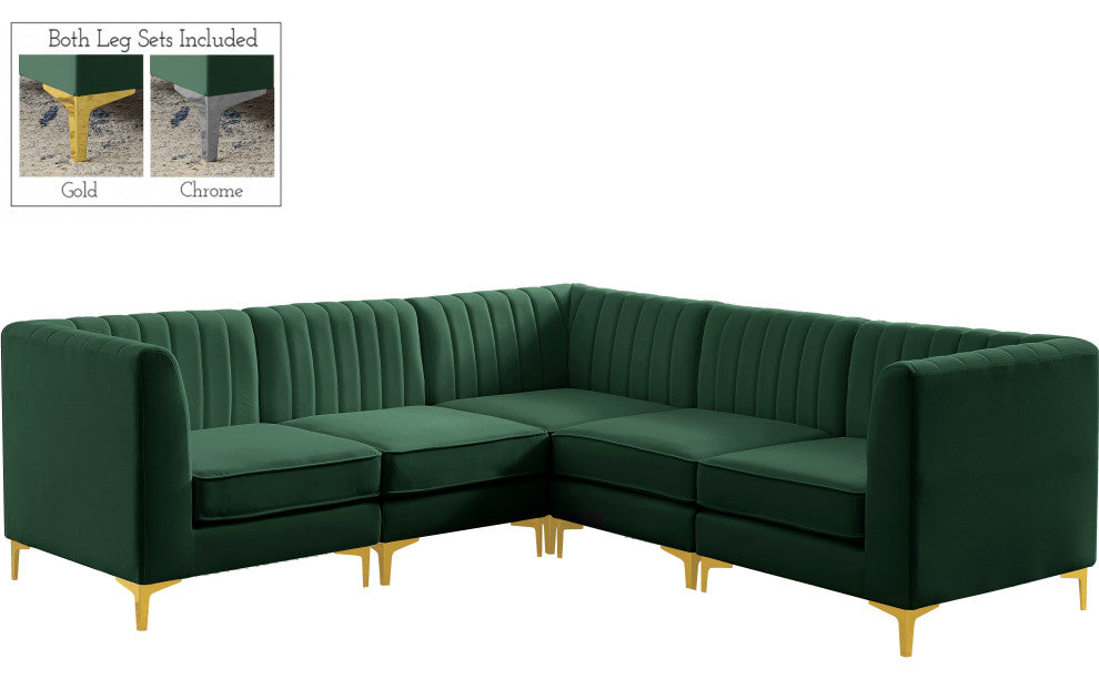 Alina Velvet Modular L-Shaped Modular Sectional, Green, 5-Piece: 2 Armless Chair, 3 Corner Chair