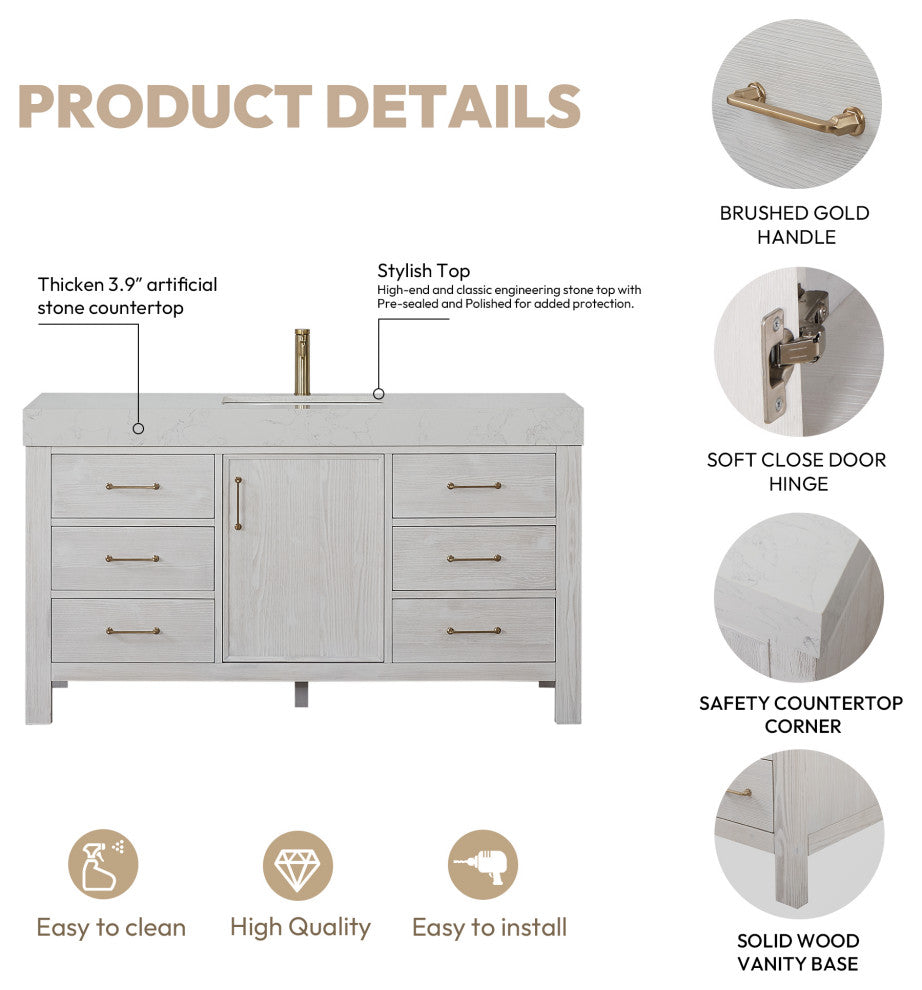 Leon Bath Vanity With Composite Stone Top, Washed White, 60"single Sink, No Mirror