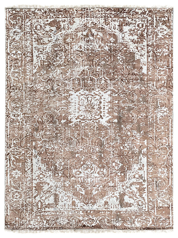 Hand-Knotted Wool Ivory/Copper Transitional Modern Heriz Rug, 7' X 9'